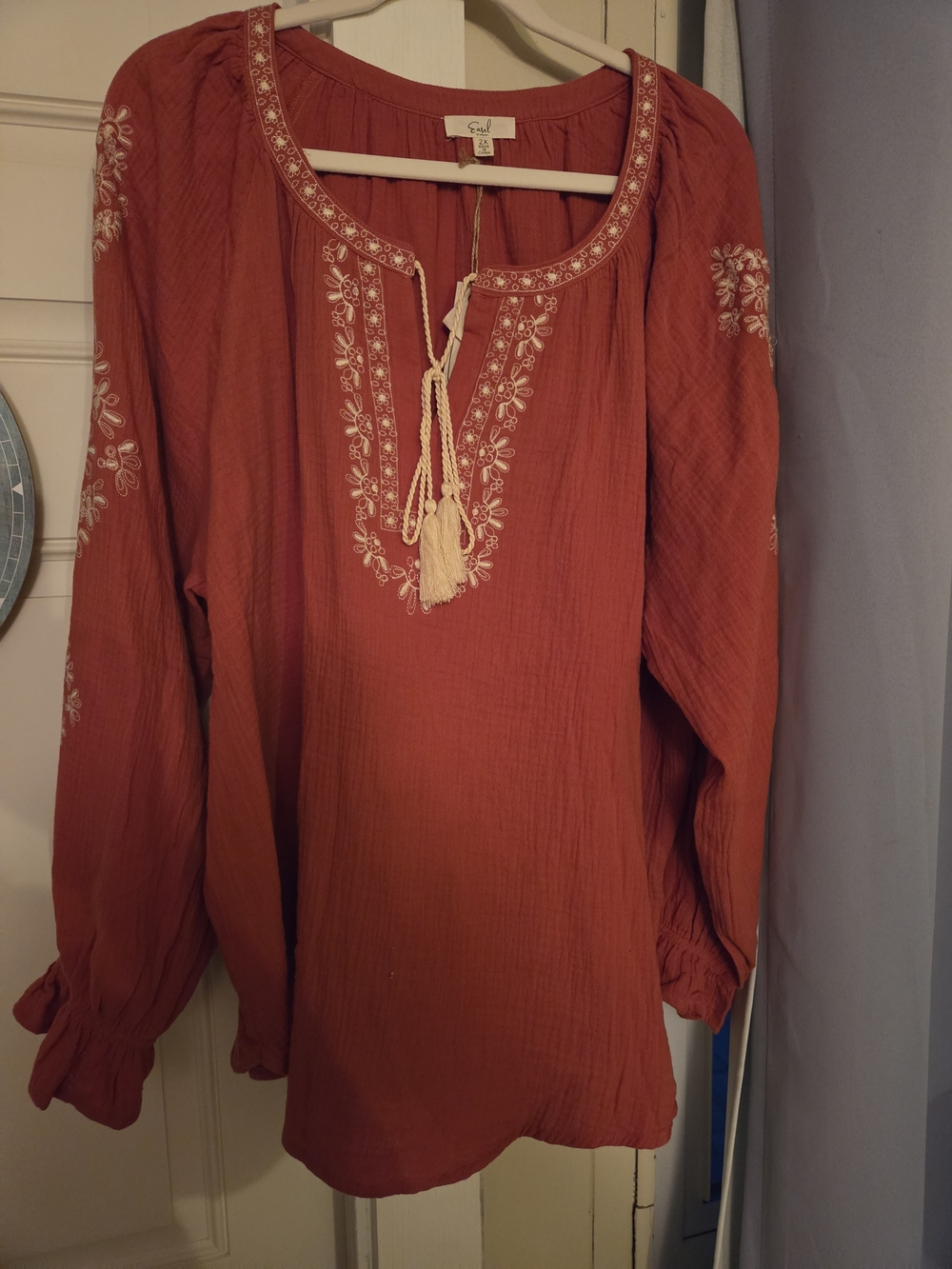 easel Embroidered Tassel Peasant Tunic - Rust - Picture 9 of 12
